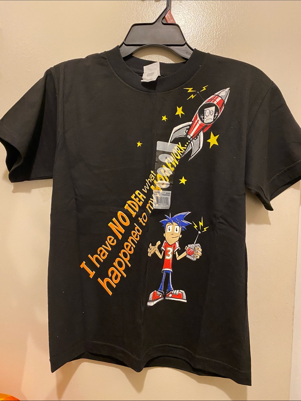 Alstyle Kids Black Graphic Rocket Tee with Yellow & Red Accents. (F) Med